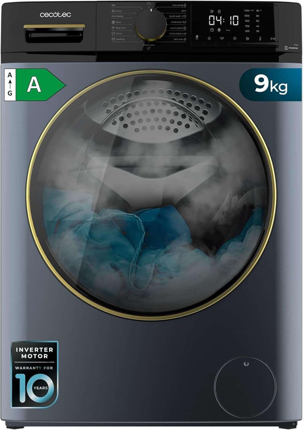 Cecotec Lavadora de carga frontal 9 kg Bolero Dresscode 9610 Inverter Ice Blue A, 2000 W, 1400 RPM, baixo consumo, função vapor, motor inversor Plus, 15 programas, otimiza o nível de água