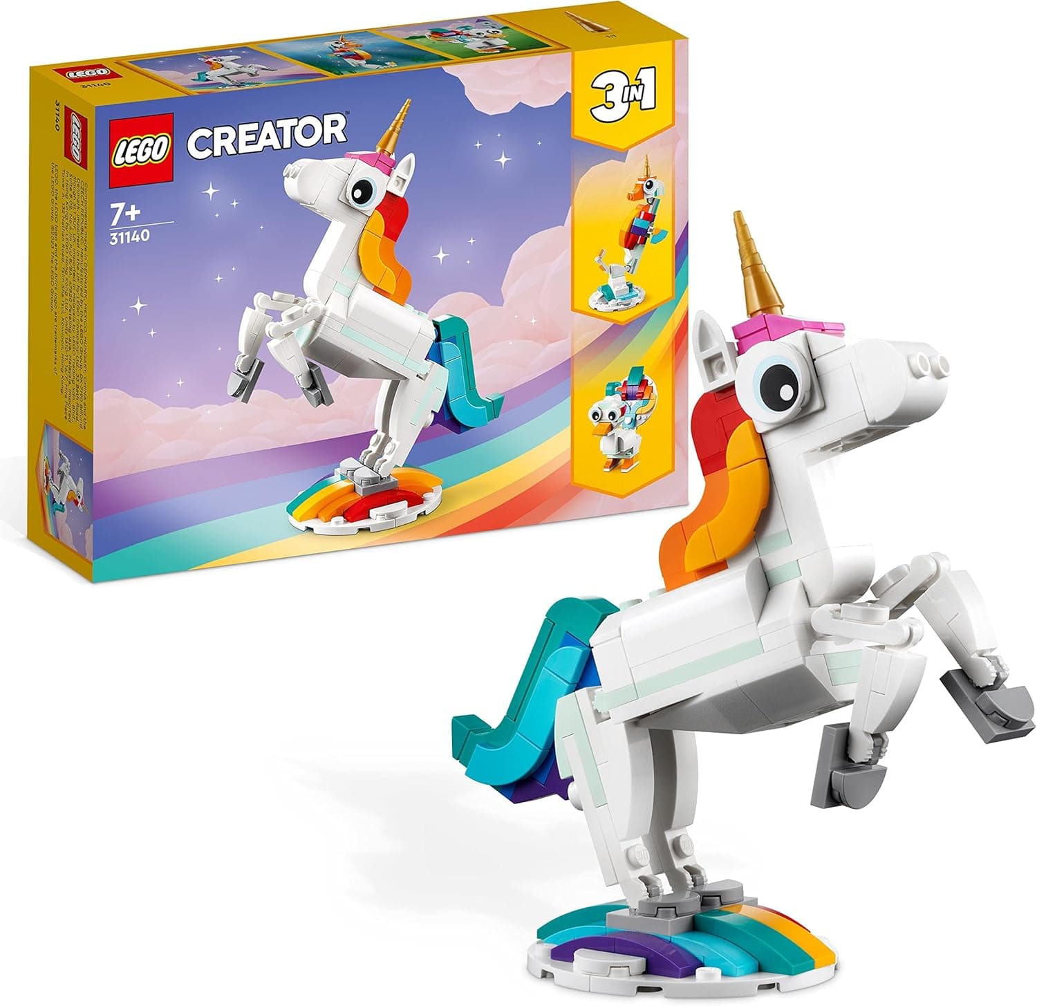 LEGO Creator 3 em 1 unicórnio mágico, brinquedo de construção cavalo-marinho ou pavão, presentes de aniversário para meninos e meninas de 7 anos ou mais, figuras de animais fantásticos 31140