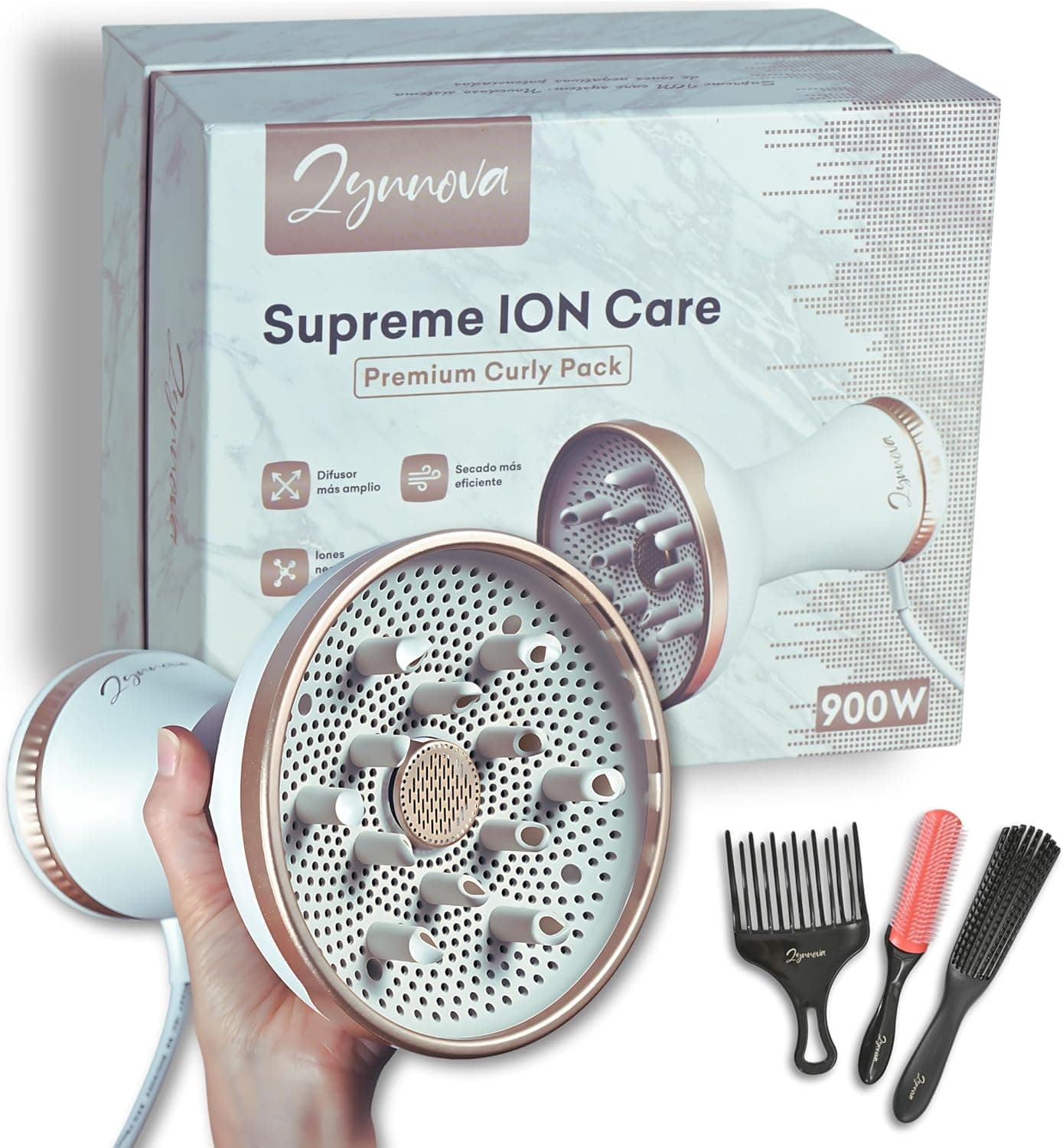 Zynnova Difusor de cabelo encaracolado, secador de cabelo encaracolado profissional de 900 W, PACK PREMIUM CURLY METHOD 3 pentes / malas de viagem, 6 modos de secagem, 12 dedos com abertura
