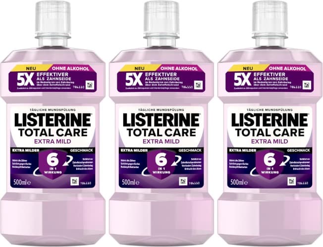 LISTERINE Total Extra Mild (500 ml), protetor de lavagem bucal sem álcool contra a cárie dentária com ação 6 em 1, lavagem bucal antibacteriano que protege contra problemas gengivas, até 24