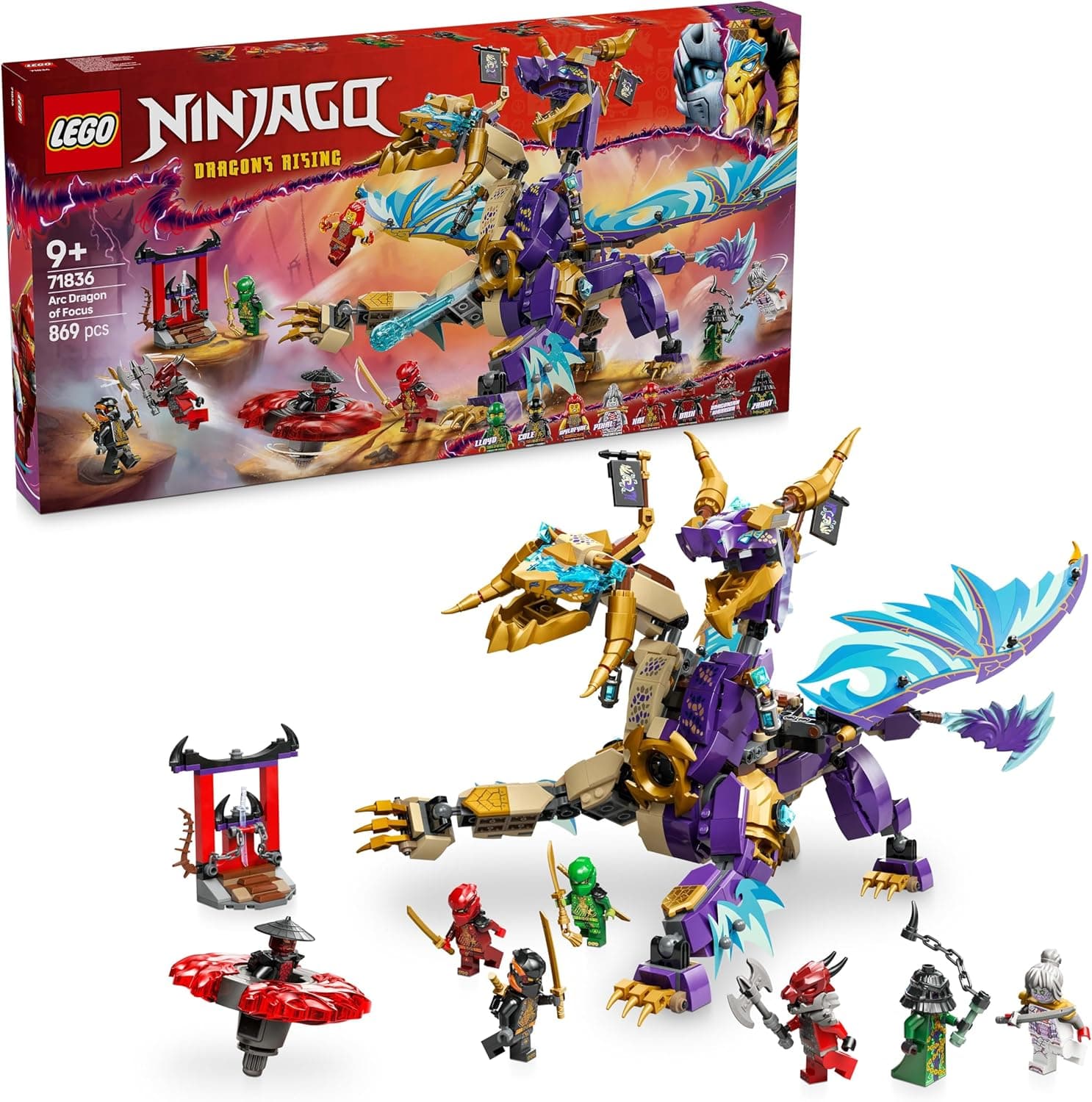 LEGO NINJAGO Dragão de concentração: Arc Set com 8 minifiguras, armas ninja e spinner de Spinjitzu, brinquedo interativo de construção para meninos e meninas de 9 anos, presente de aniversário 71836