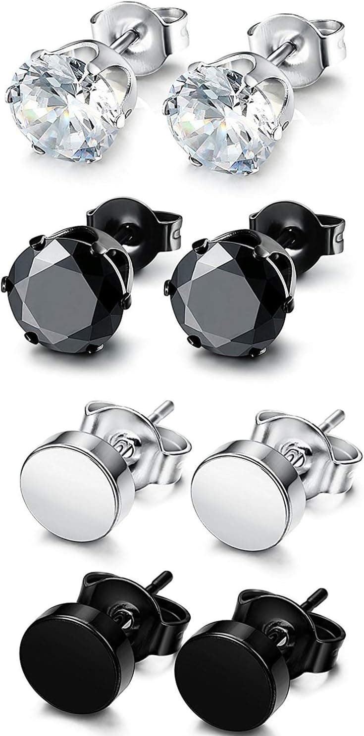 Cupimatch Brincos redondos de aço inoxidável com zircão, unissexo, (4 pares), Aço inoxidável, Zircônia cúbica